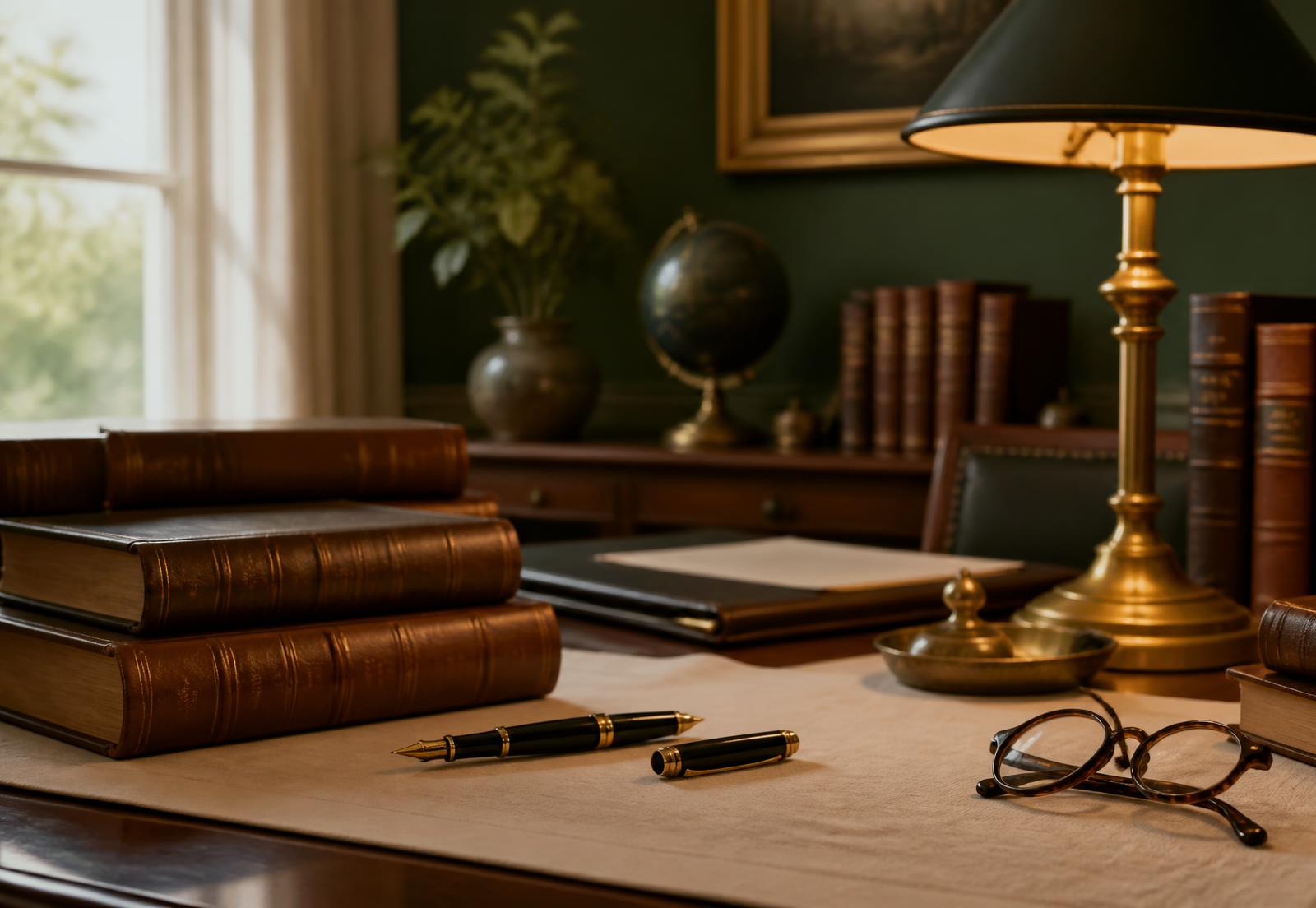 Law office desk with leather-bound volumes, a fountain pen, and a brass lamp