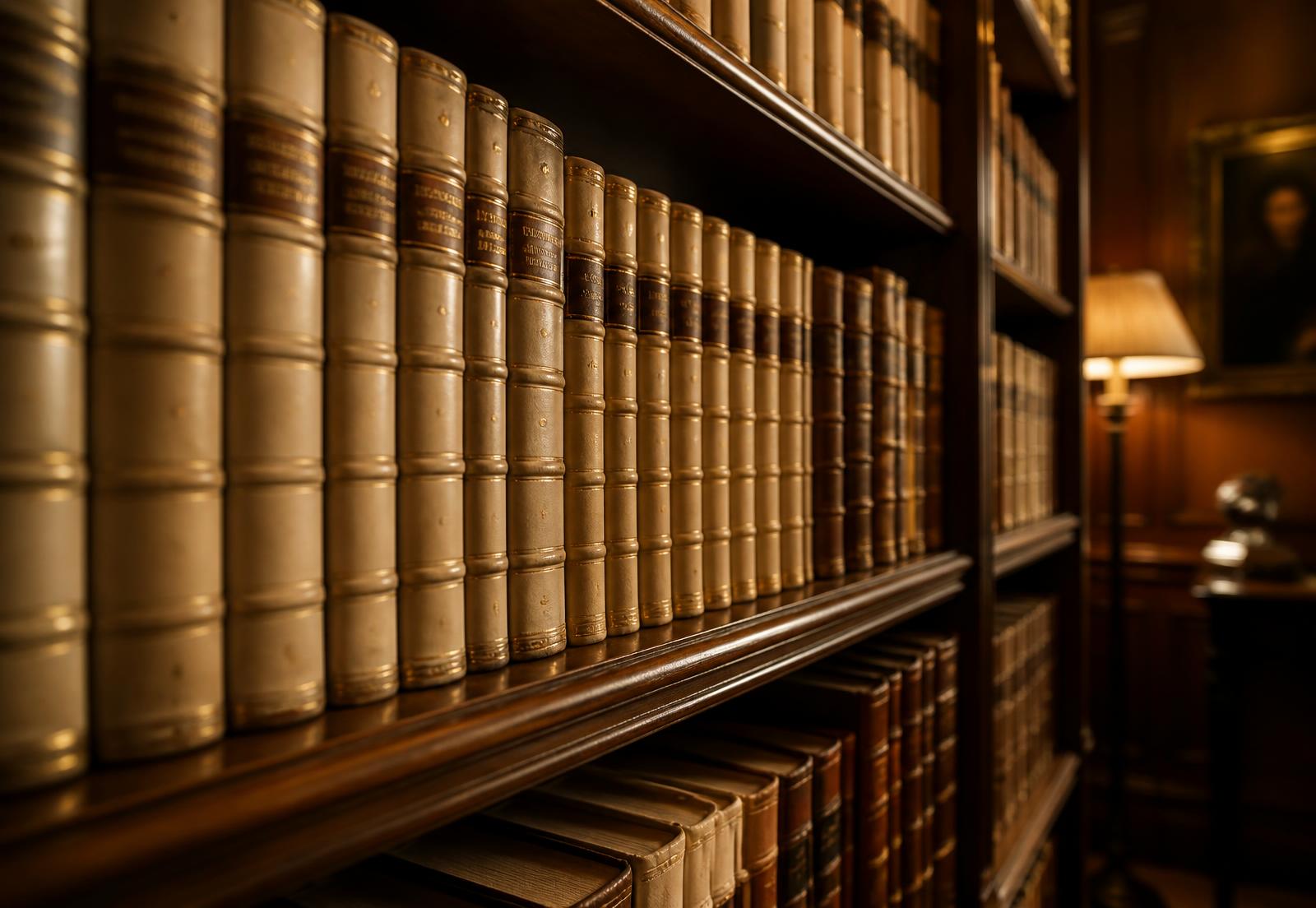 Shelves of leather-bound law reports in a wood-paneled library