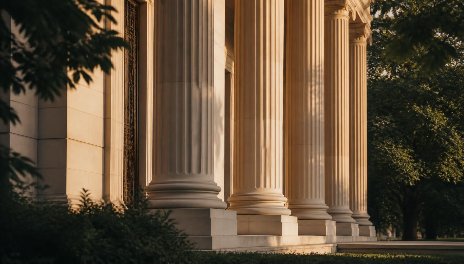 Courthouse colonnade at golden hour