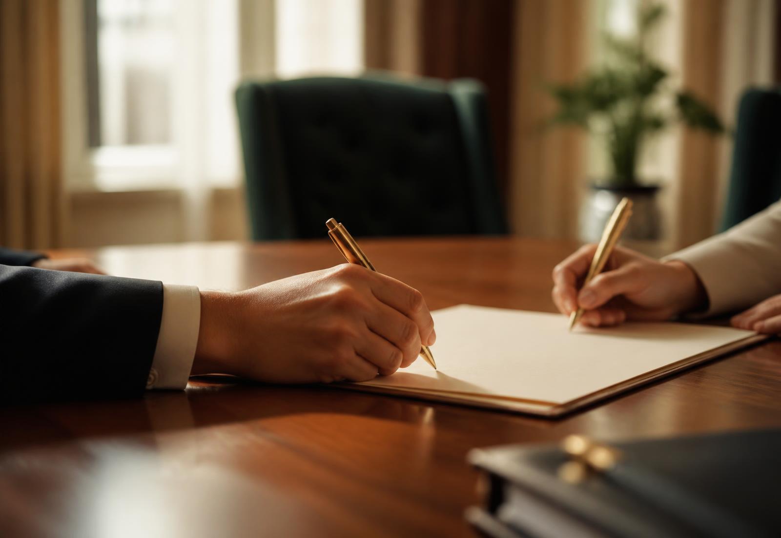 Two people signing a document across a conference table